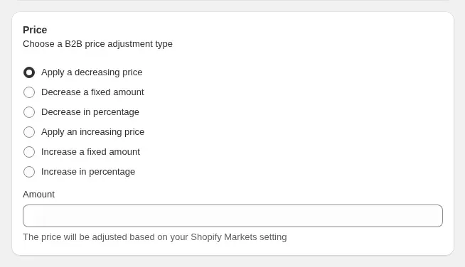 Price card of a Custom Pricing rule with the six B2B price adjustment types and the Amount field