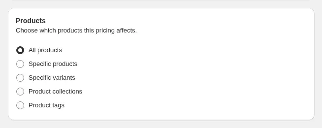Products card of a Custom Pricing rule with the product targeting options