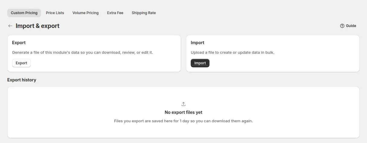 Import and export page of Custom Pricing with the Export and Import cards and the Export history section