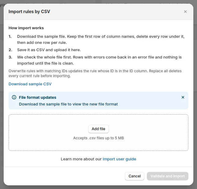 Import rules by CSV dialog in BSS B2B Solution: how import works, a Download sample CSV link and a file drop zone