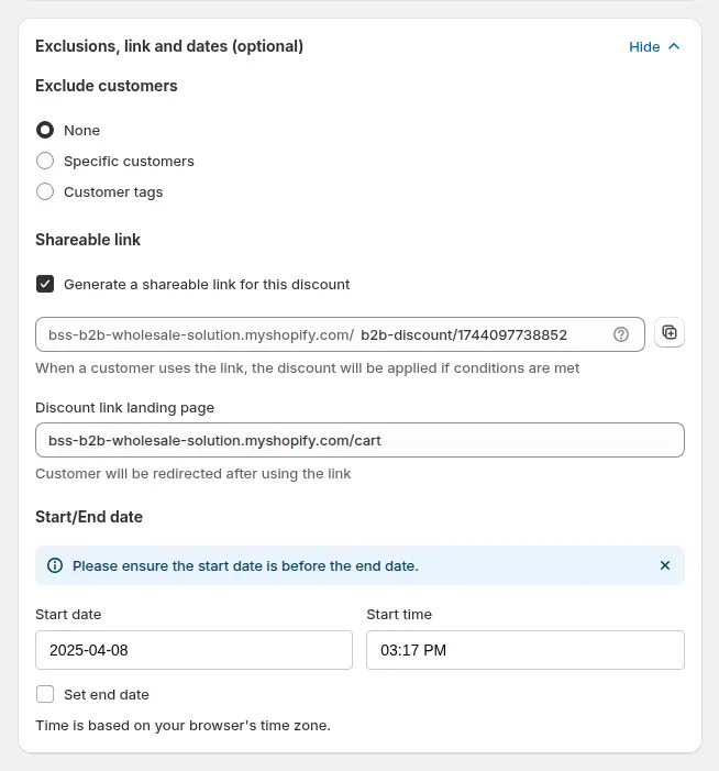 Exclusions card with shareable link and start date fields
