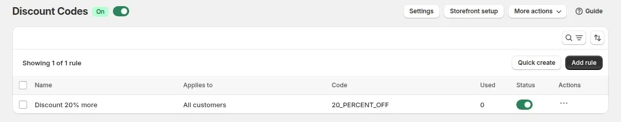 Discount Codes page with the module on and one rule listed