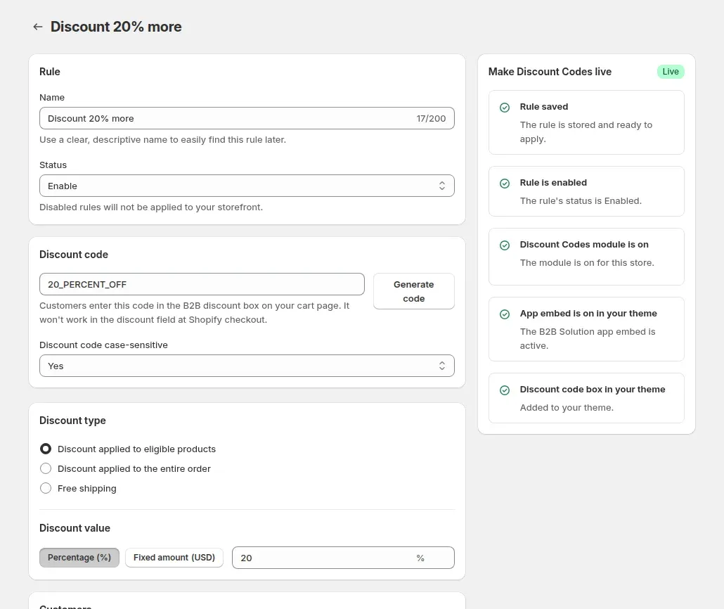 Rule page with code, discount type and 20 percent value