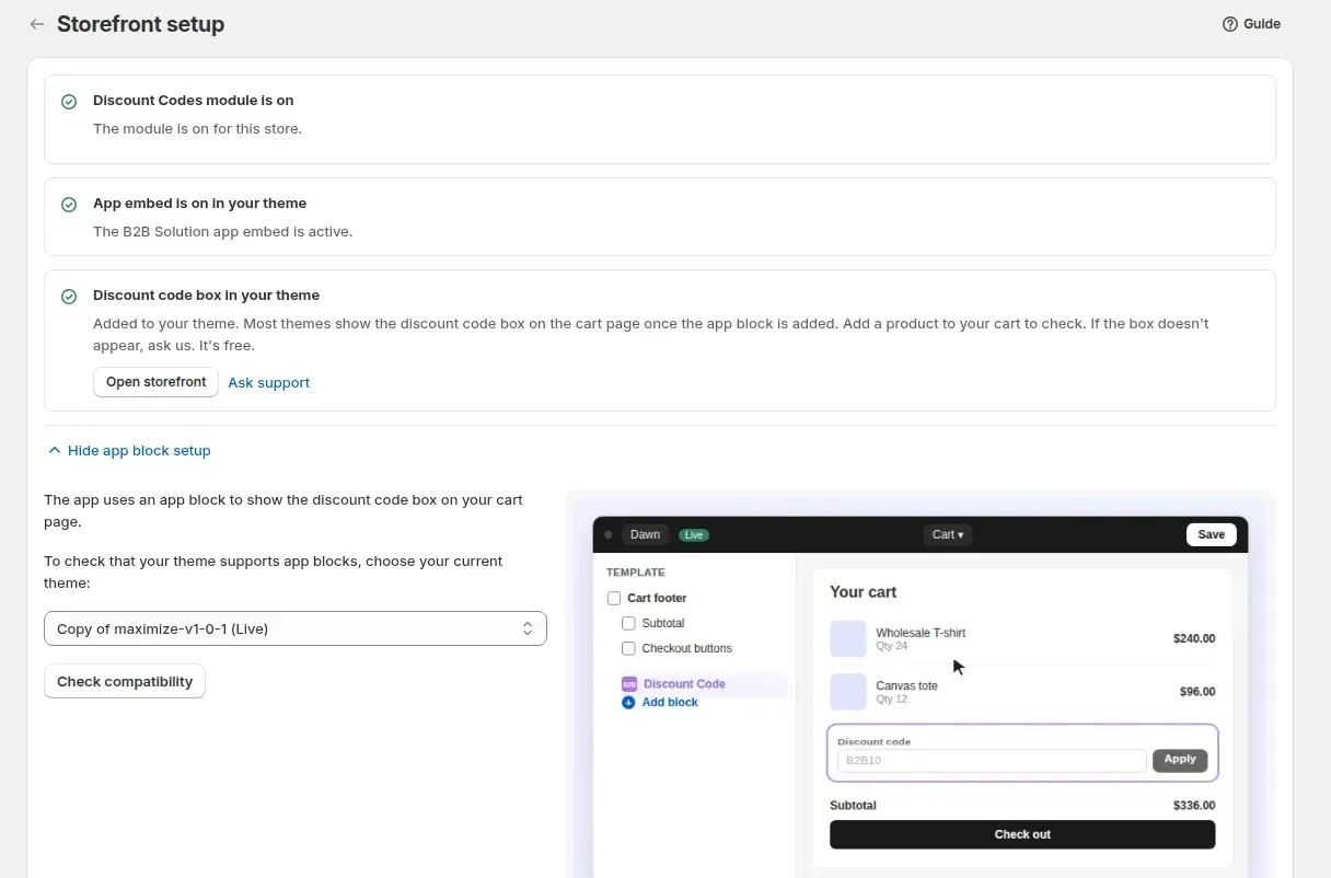 Storefront setup page with a cart preview of the code box