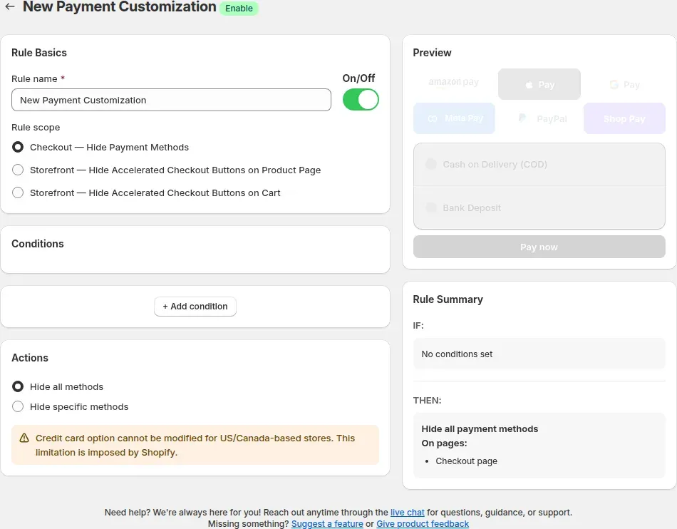Payment rule page with Hide all methods and a checkout preview