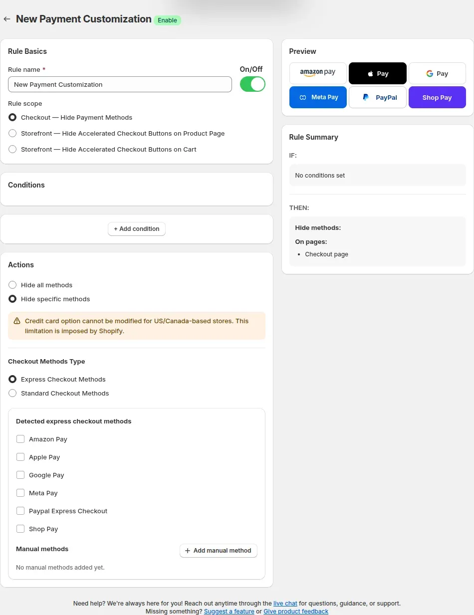 Hide specific methods with express methods listed, unticked