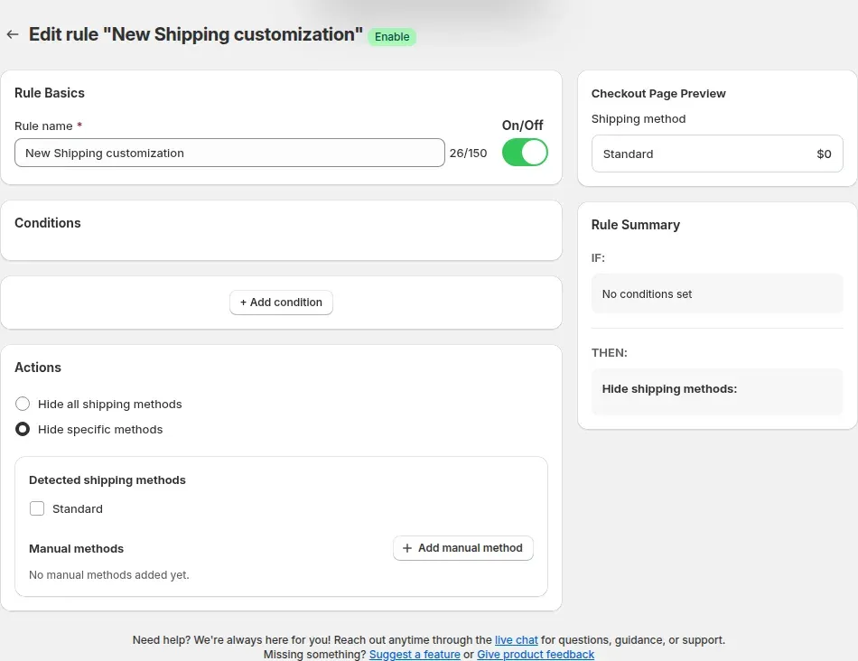Shipping rule with Hide specific methods and Standard detected