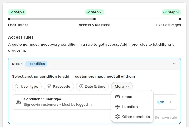 Lock editor step 2 with the More menu open and extra conditions