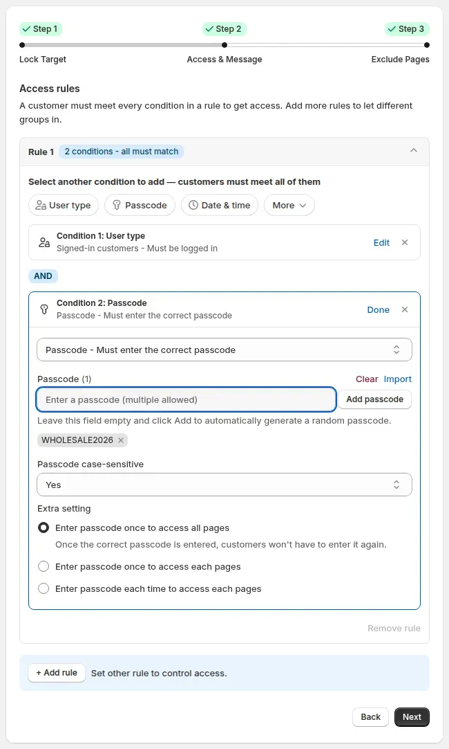 Passcode condition with the passcode field, Add passcode, Clear and Import, and the case-sensitive setting