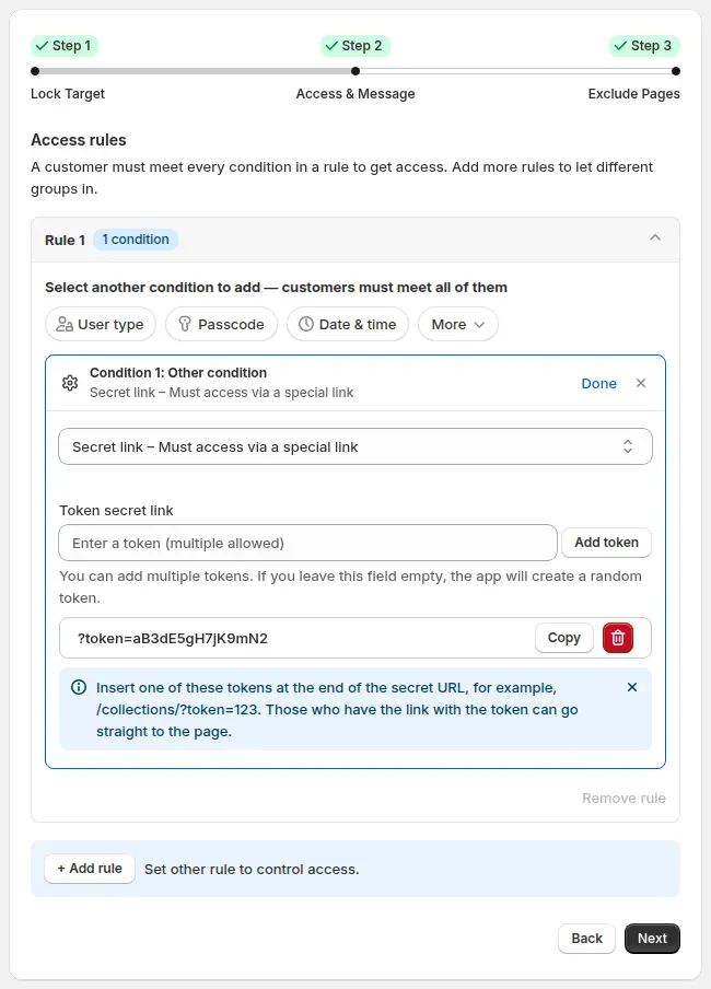 Dropdown „Andere Bedingung“ mit der Option Geheimer Link