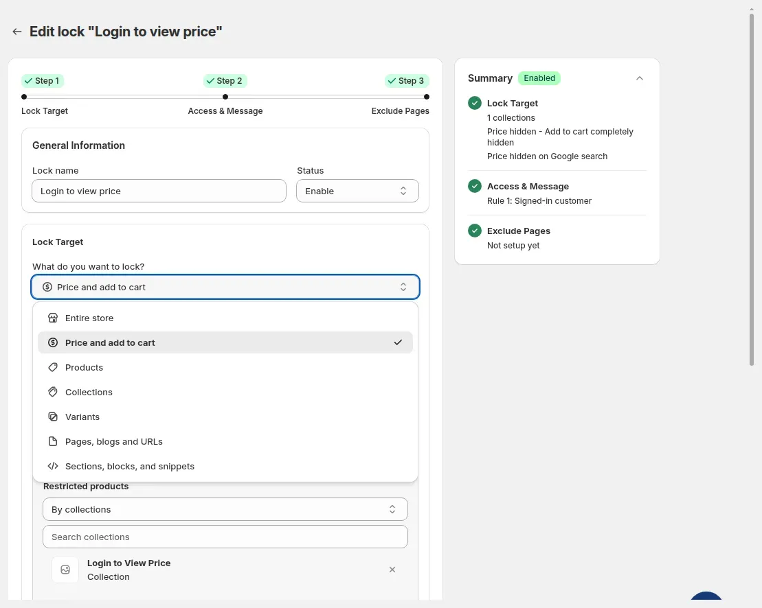 What do you want to lock? dropdown open with the 7 lock targets