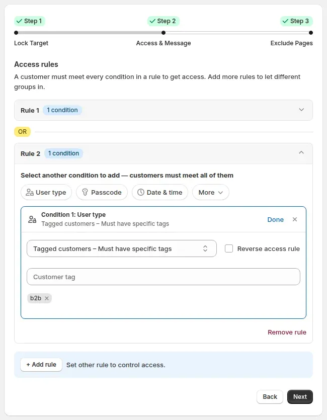 Access rule set to Tagged customers