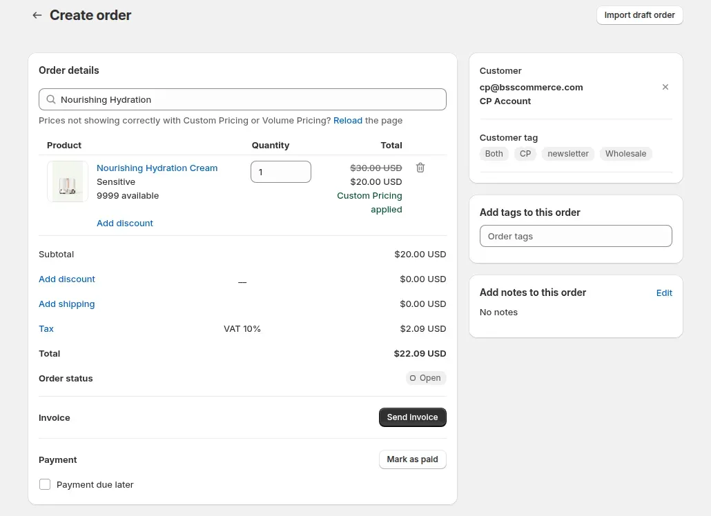 Draft order in the Shopify admin with the B2B custom price applied