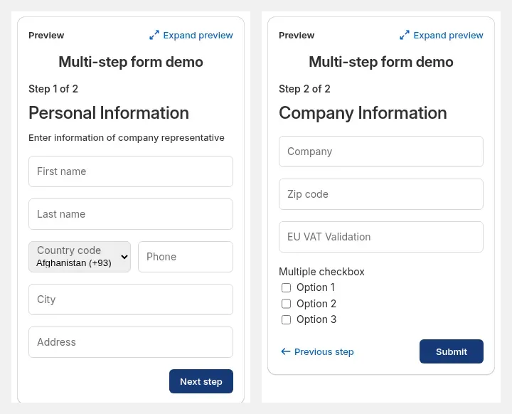 Multi-step registration form preview in the app admin