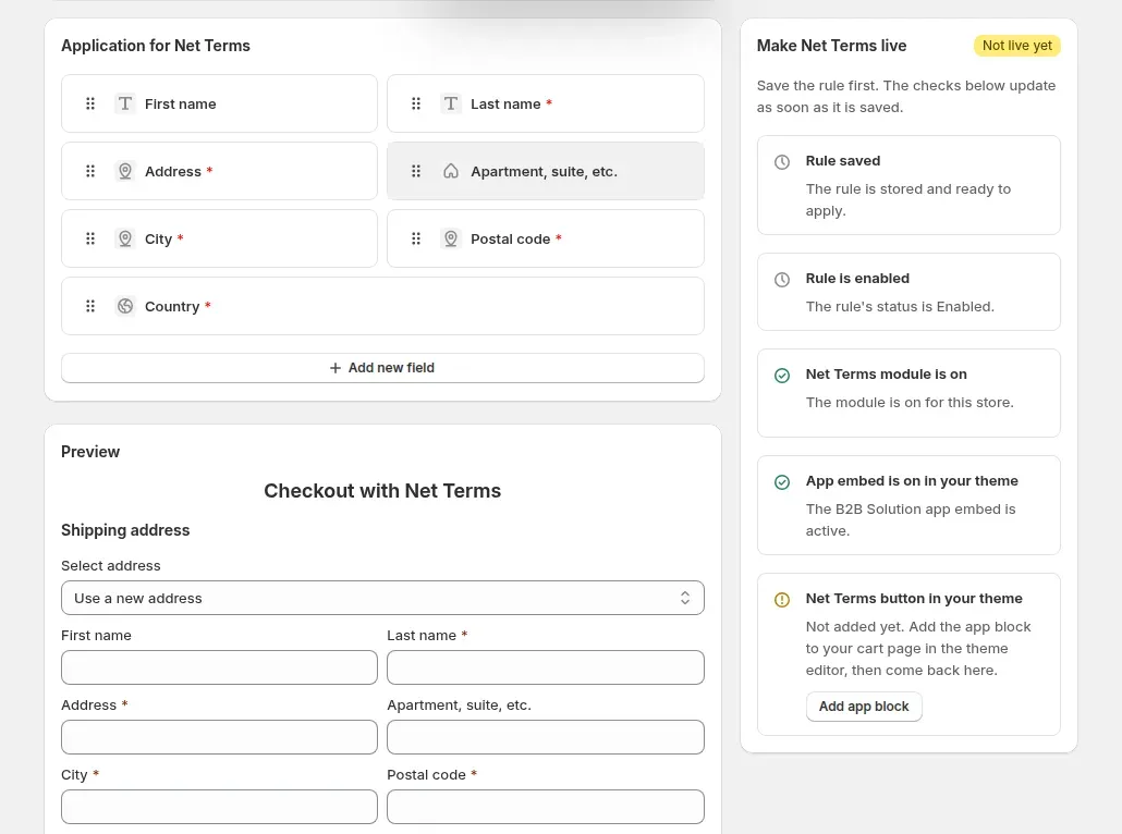 Application for Net Terms card with fields and a live preview