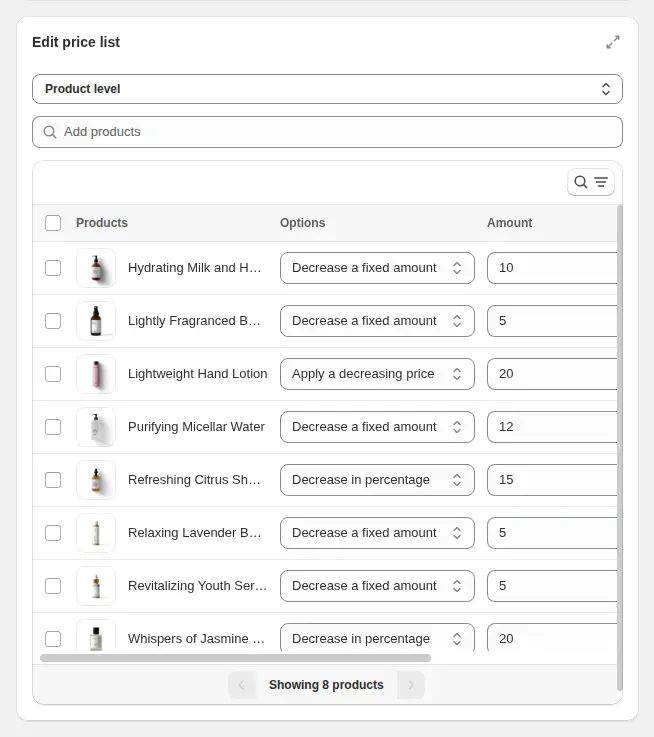 Edit price list card: Product level, Add products, and one row per product with its option and amount