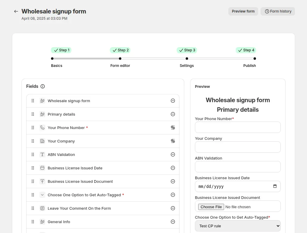 Registration form editor in BSS B2B Solution with the field list on the left and a live preview on the right