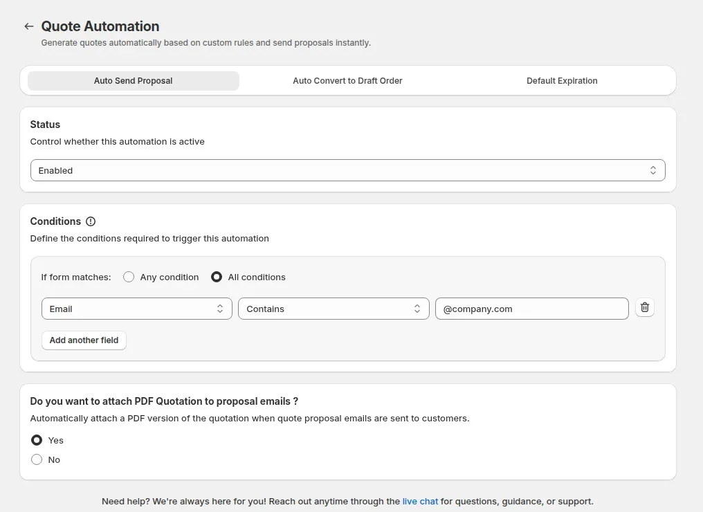 Auto Send Proposal setup with an email condition and attach PDF
