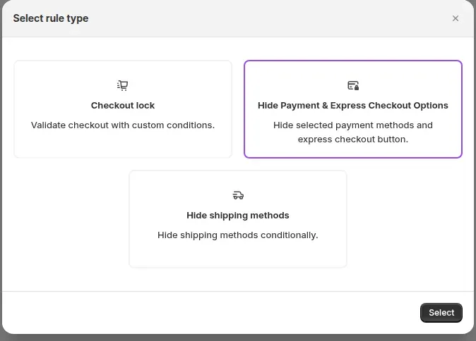 Select rule type box: Checkout lock and two hide rule types