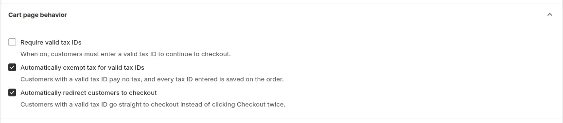 Cart page behavior settings: Require valid tax IDs, Automatically exempt tax for valid tax IDs, and Automatically redirect