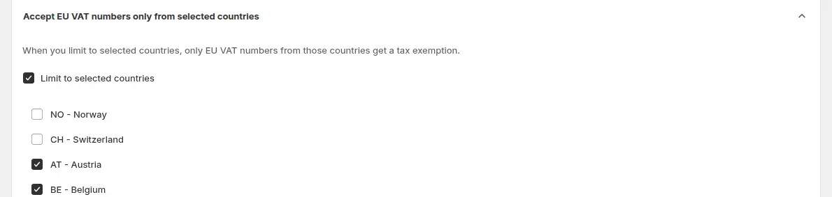Setting to accept EU VAT numbers only from selected countries, in the Advanced card