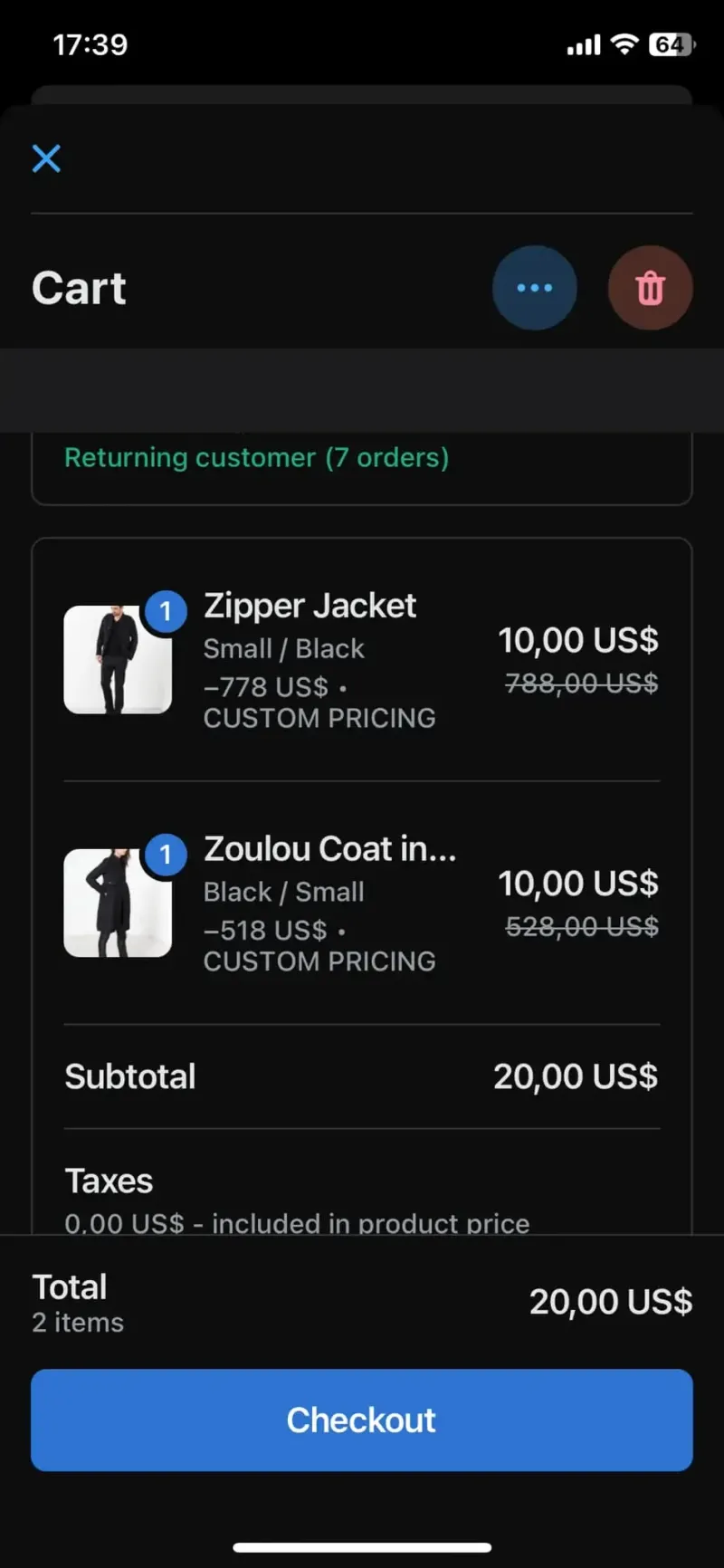 Shopify POS cart, two items at 10.00, old prices crossed out