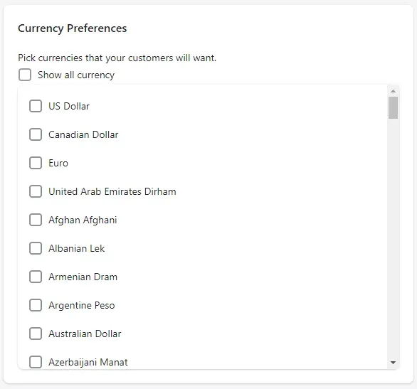 Currency Preferences card with a list of currencies to tick