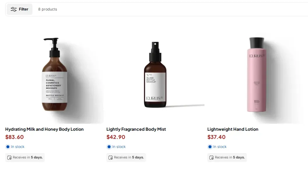 BSS B2B Solution demo Shopify store showing a collection page with product prices