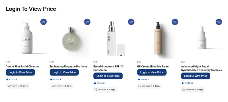 Storefront collection where each product shows a Login to View Price button instead of a price