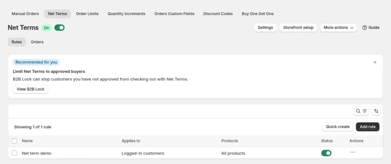 Net Terms rule list in BSS B2B Solution showing one rule that applies to logged-in customers on all products