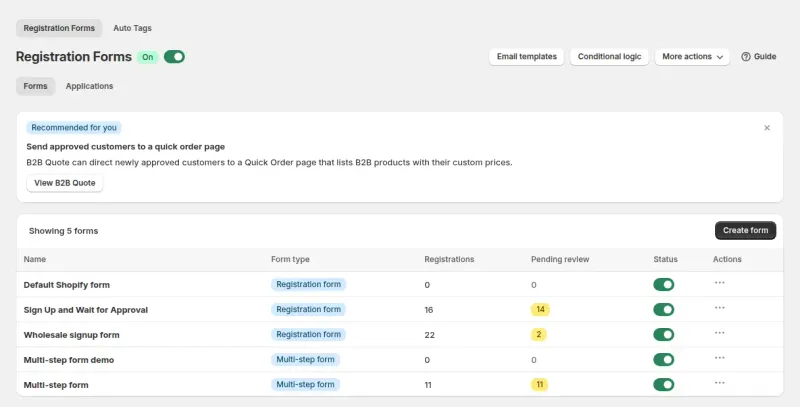 Registration Forms page in BSS B2B Solution listing five forms with registrations and pending review counts