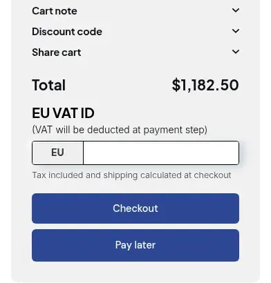 Cart summary with an EU VAT ID box, a note that VAT will be deducted at payment step, and Checkout and Pay later buttons