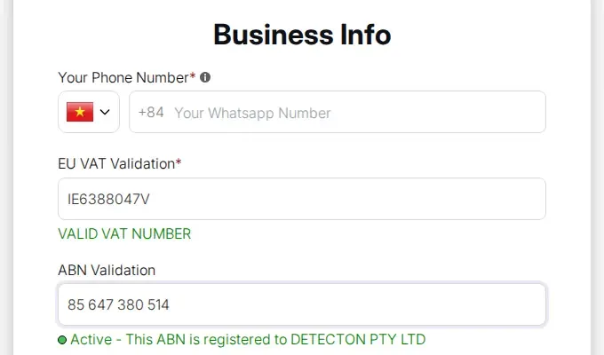 Registration form where an EU VAT number shows VALID VAT NUMBER and an ABN shows as active and registered to a company