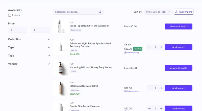 Quick order page with product rows, quantity steppers, Add to cart buttons and volume pricing badges