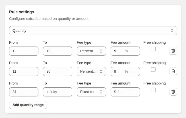 Extra Fee rule settings with three quantity ranges and fees