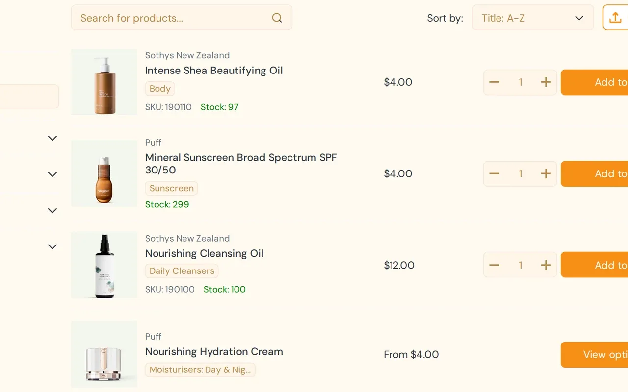 Quick Order page listing products with quantity fields and Add to cart buttons