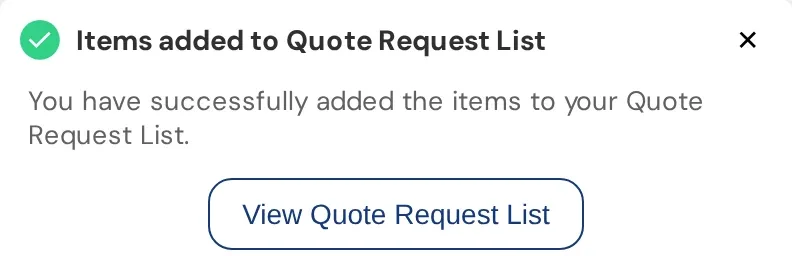 Confirmation toast: Items added to Quote Request List, with a View Quote Request List button