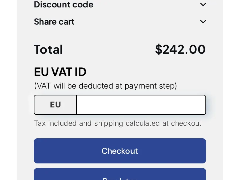 Cart on a demo store with an EU VAT ID field above the Checkout button