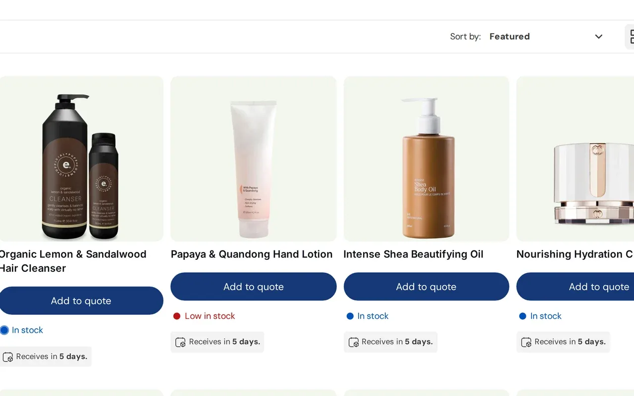 Collection page with an Add to quote button on every product card
