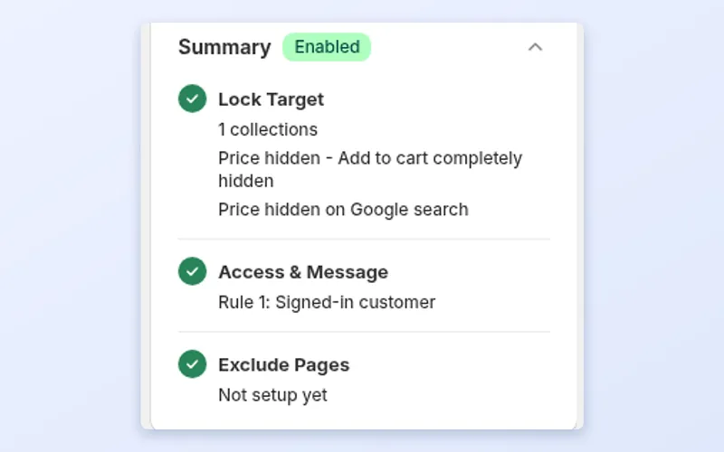 BSS B2B Lock Summary panel listing Lock Target with price hidden on Google search, and Access and Message with Rule 1 signed-in customer