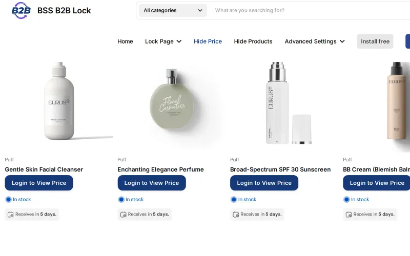 Collection page on a demo store where each skincare product shows a Login to View Price button for a guest