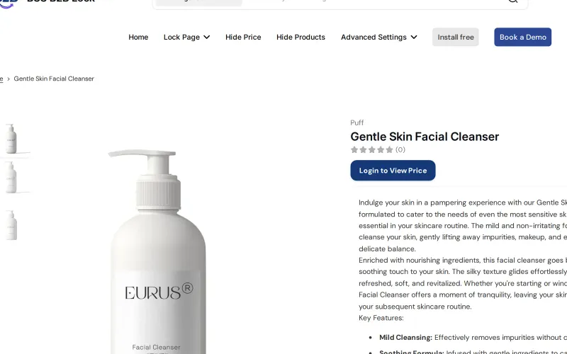 Product page for Gentle Skin Facial Cleanser with a Login to View Price button in place of the price