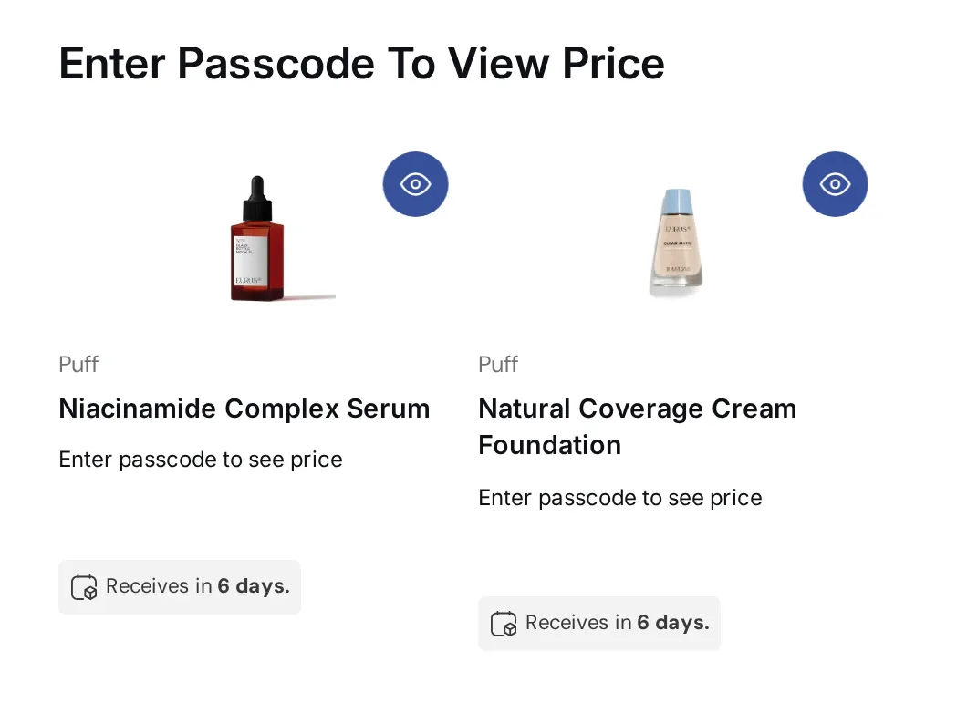 Two products with hidden prices and an Enter passcode to see price message