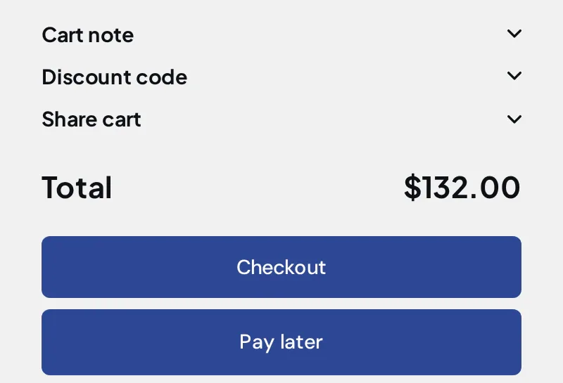 Cart with a $132.00 total and a Pay later button below Checkout