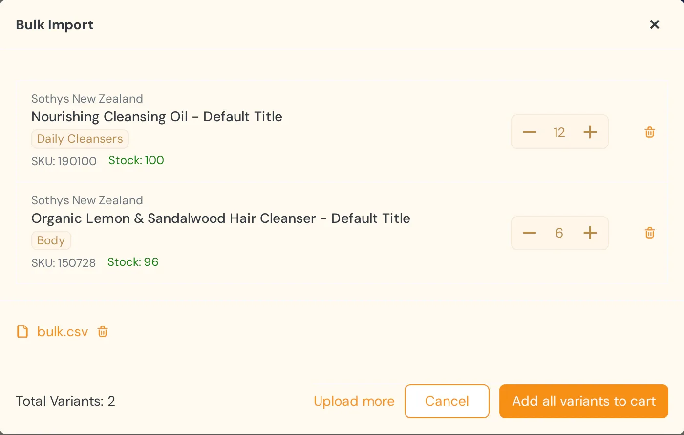 Bulk Import with an uploaded CSV: two products with quantities 12 and 6 and an Add all variants to cart button
