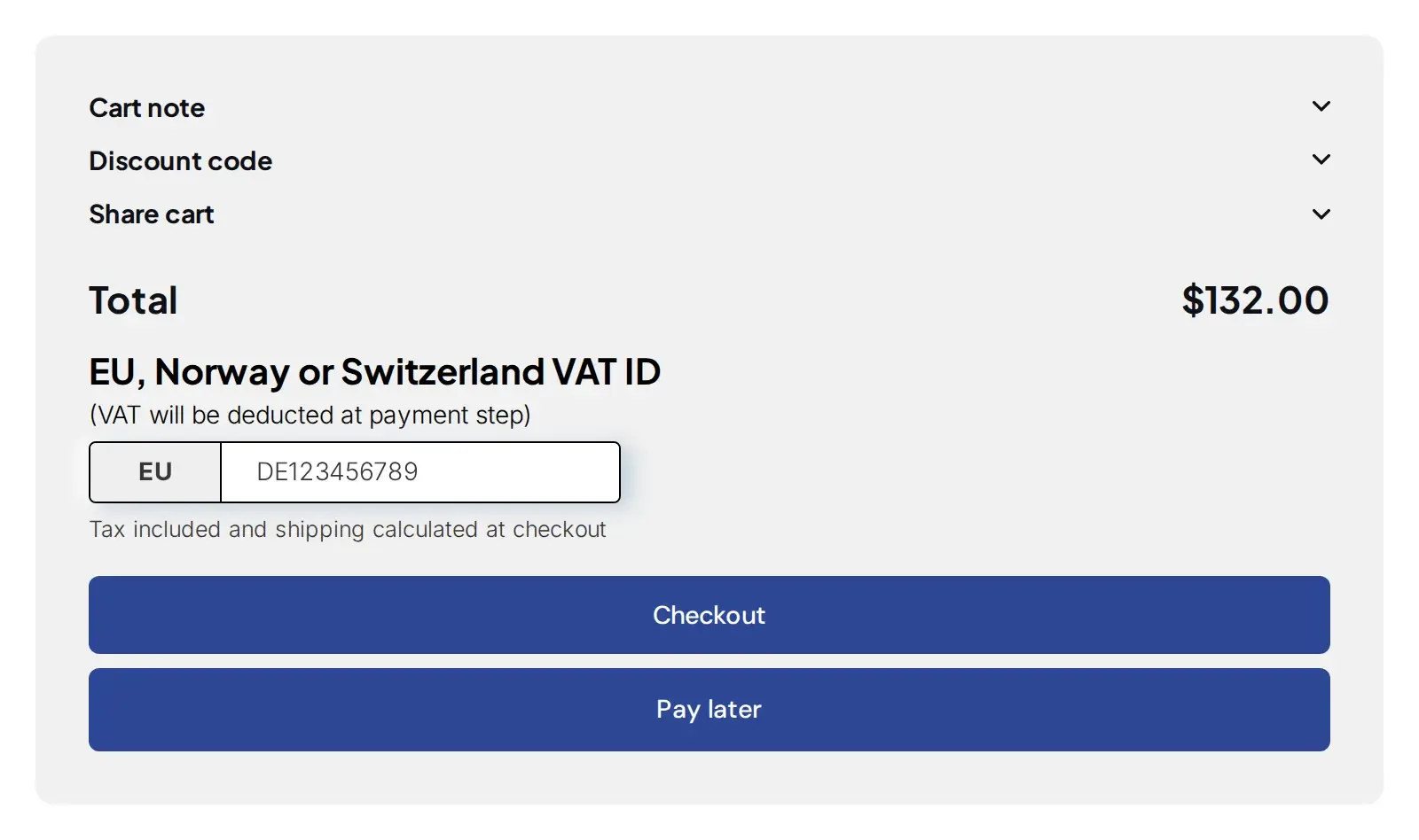 Cart summary with the VAT ID field filled in (DE123456789) above the Checkout button