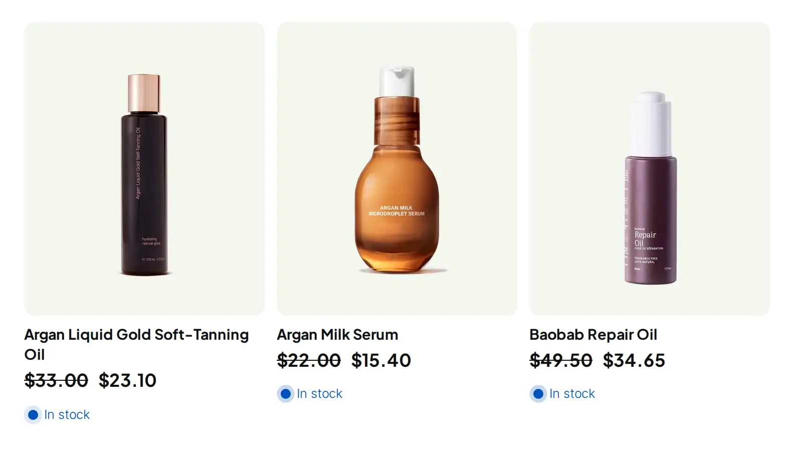 Collection page with three products, each with the regular price crossed out and a wholesale price 30% lower (for example $23.10 instead of $33.00)