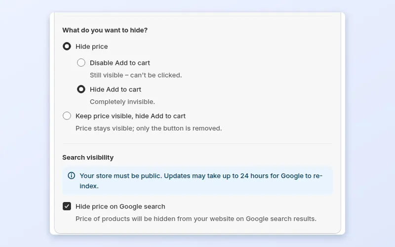 BSS B2B Lock options for what to hide, including hide price, hide Add to cart and a Hide price on Google search option