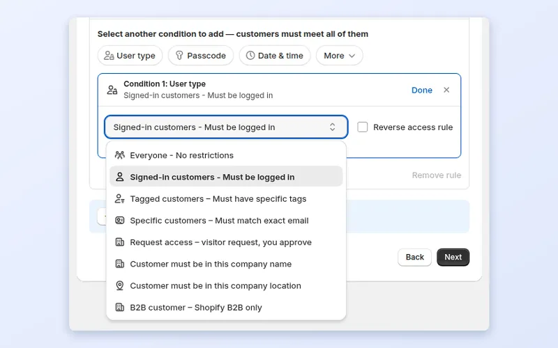 BSS B2B Lock rule editor with a list of conditions: everyone, signed-in customers, tagged customers, specific customers, request access, company name and company location
