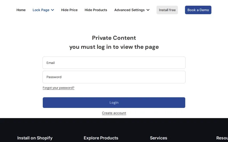 Login form titled Private Content, you must log in to view the page